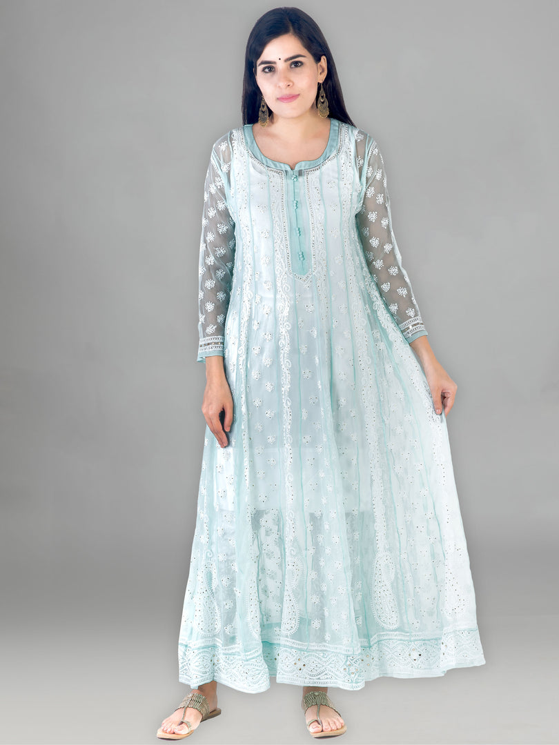 Seva Chikan Hand Embroidered Turquoise Georgette Lucknowi Chikankari Anarkali With Mukaish Work-SCL1771