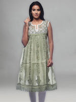 Load image into Gallery viewer, Seva Chikan Hand Embroidered Dark Green Cotton Lucknowi Chikankari Anarkali-SCL0240