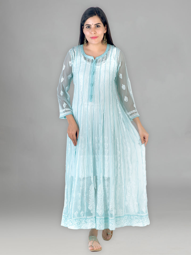Seva Chikan Hand Embroidered Blue Georgette Lucknowi Chikankari Anarkali-SCL1338