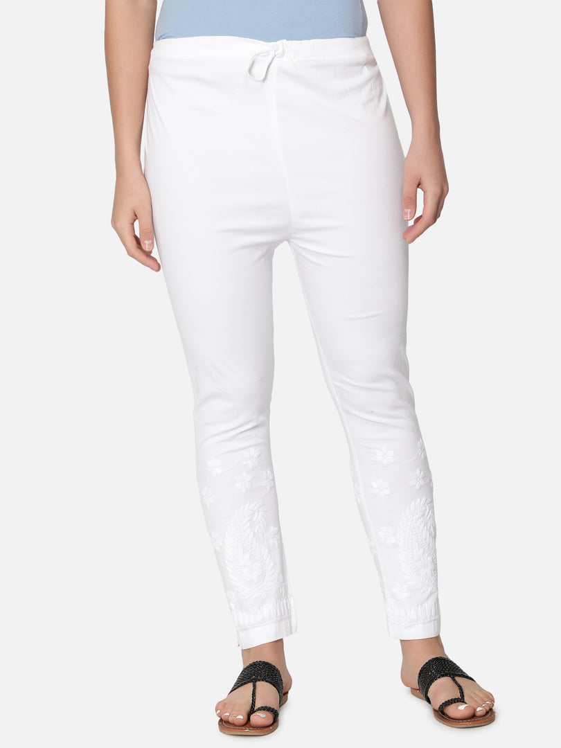 Seva Chikan Hand Embroidered White Cotton Lucknawi Chikankari Trouser-SCL11009