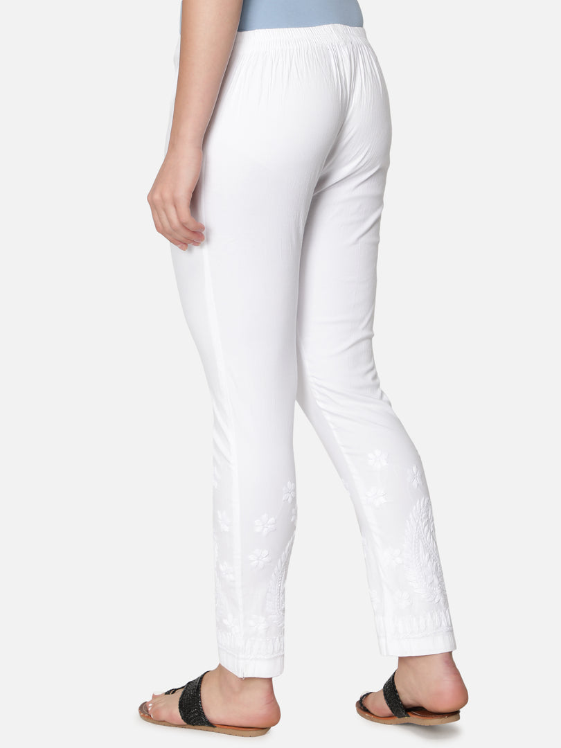 Seva Chikan Hand Embroidered White Cotton Lucknawi Chikankari Trouser-SCL11009