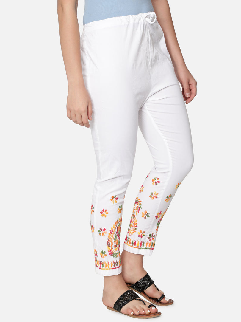 Seva Chikan Hand Embroidered White Cotton Lucknawi Chikankari Trouser-SCL11008