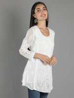 Load image into Gallery viewer, Seva Chikan Hand Embroidered White Viscose Georgette Lucknowi Chikan Top With Slip-SCL9015