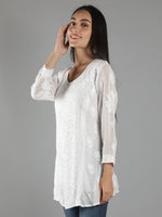 Load image into Gallery viewer, Seva Chikan Hand Embroidered White Viscose Georgette Lucknowi Chikan Top With Slip-SCL9015