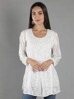 Load image into Gallery viewer, Seva Chikan Hand Embroidered White Viscose Georgette Lucknowi Chikan Top With Slip-SCL9015