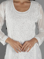 Load image into Gallery viewer, Seva Chikan Hand Embroidered White Viscose Georgette Lucknowi Chikan Top With Slip-SCL9015