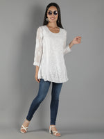 Load image into Gallery viewer, Seva Chikan Hand Embroidered White Viscose Georgette Lucknowi Chikan Top With Slip-SCL9015