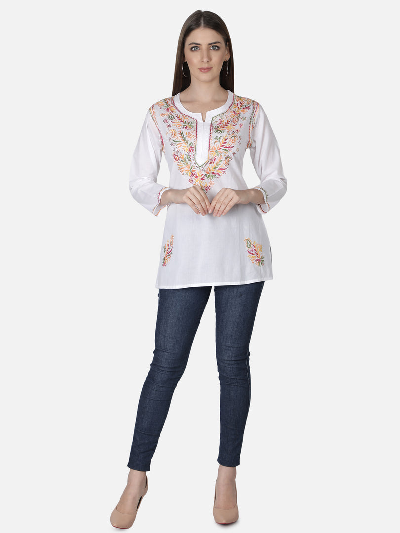 Seva Chikan Hand Embroidered Cotton Lucknowi Chikan Short Top