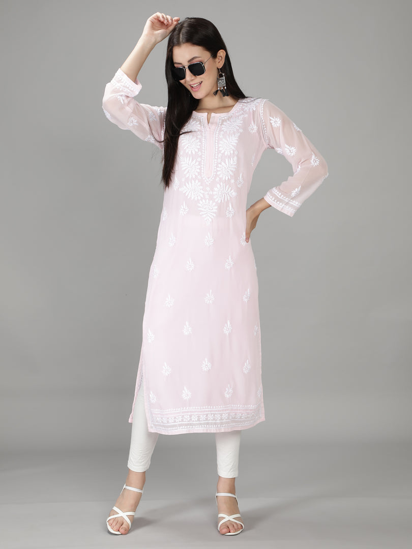 Seva Chikan Hand Embroidered Georgette Lucknowi Chikan Kurti With Slip