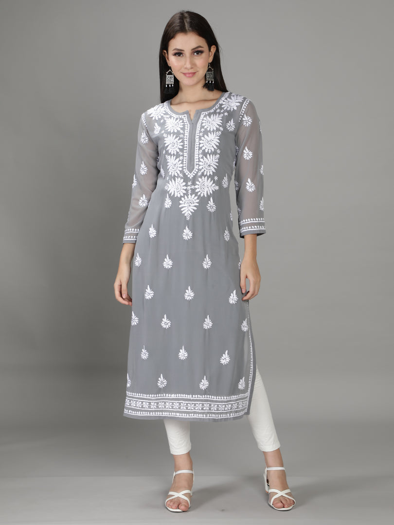 Seva Chikan Hand Embroidered Georgette Lucknowi Chikan Kurti With Slip