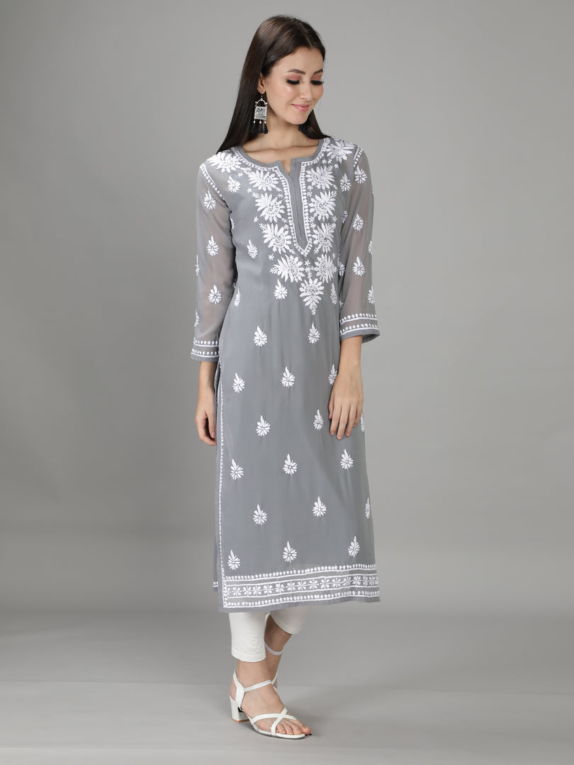 Seva Chikan Hand Embroidered Georgette Lucknowi Chikan Kurti With Slip