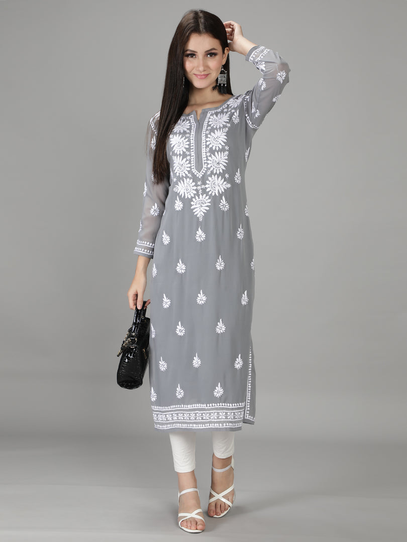 Seva Chikan Hand Embroidered Georgette Lucknowi Chikan Kurti With Slip