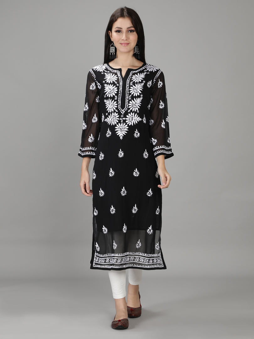 Seva Chikan Hand Embroidered Georgette Lucknowi Chikan Kurti With Slip
