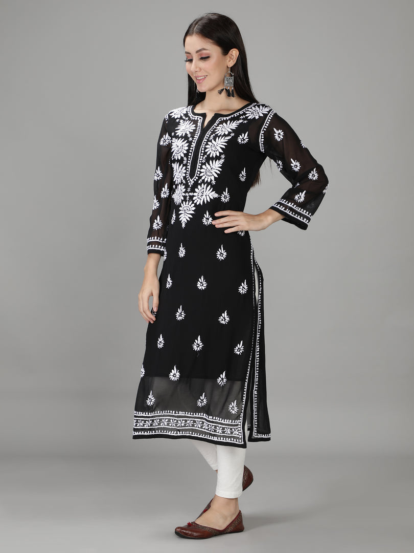Seva Chikan Hand Embroidered Georgette Lucknowi Chikan Kurti With Slip