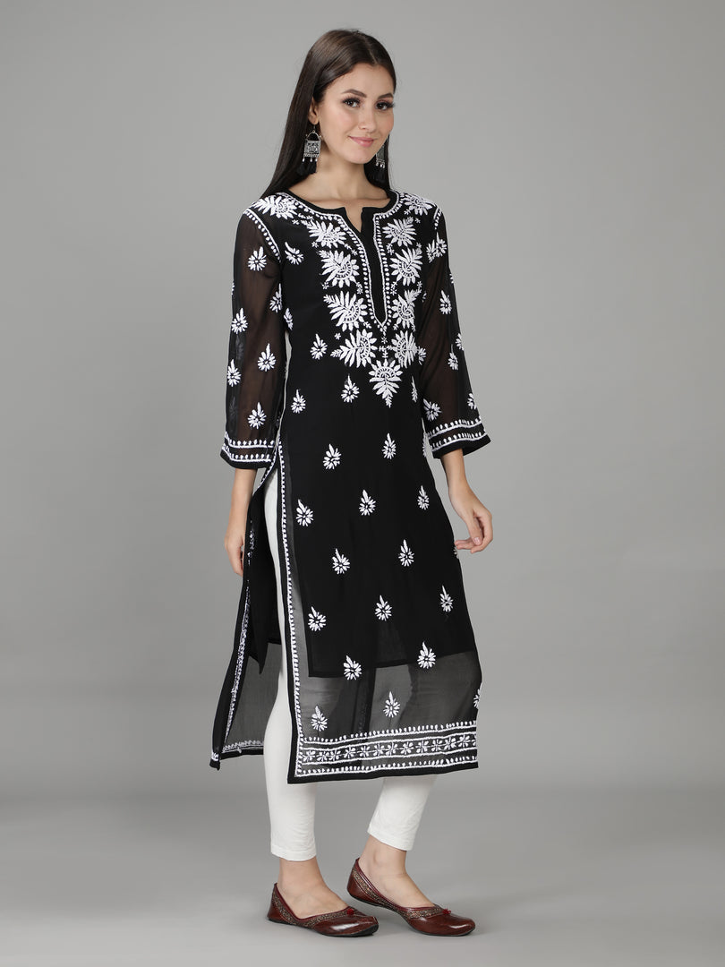 Seva Chikan Hand Embroidered Georgette Lucknowi Chikan Kurti With Slip