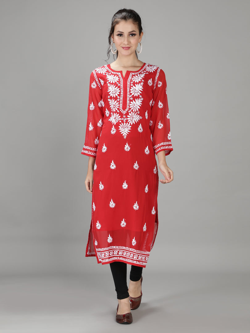 Seva Chikan Hand Embroidered Georgette Lucknowi Chikan Kurti With Slip