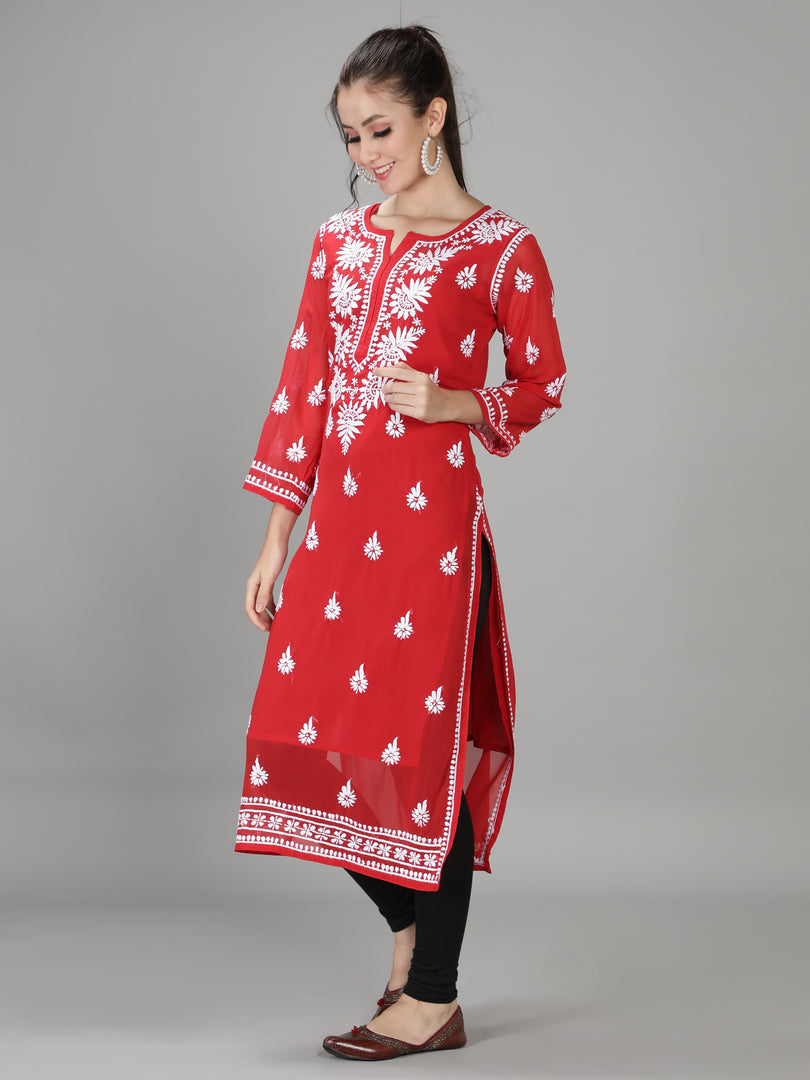 Seva Chikan Hand Embroidered Georgette Lucknowi Chikan Kurti With Slip