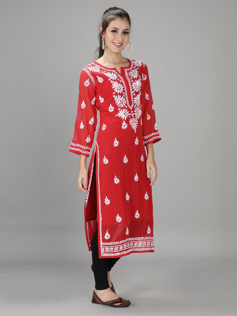 Seva Chikan Hand Embroidered Georgette Lucknowi Chikan Kurti With Slip