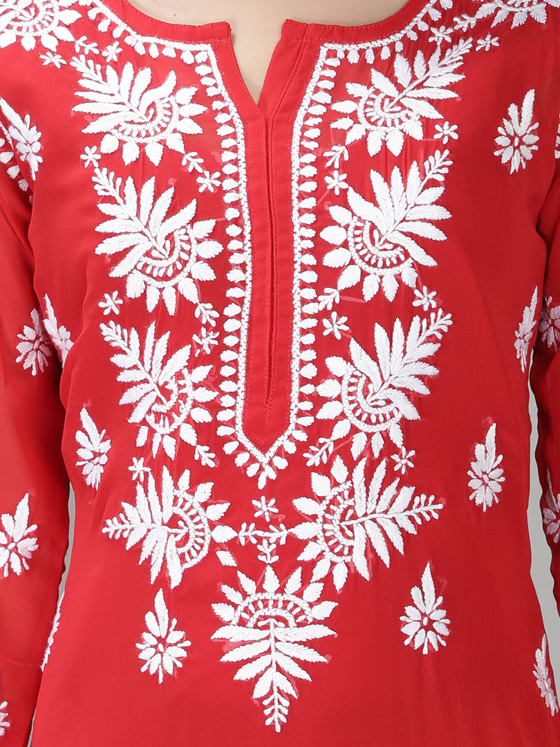 Seva Chikan Hand Embroidered Georgette Lucknowi Chikan Kurti With Slip