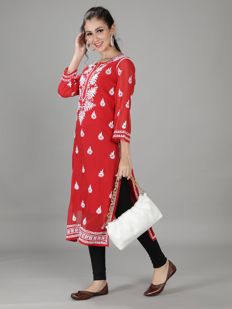 Seva Chikan Hand Embroidered Georgette Lucknowi Chikan Kurti With Slip