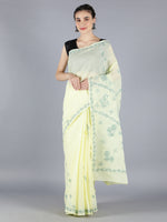 Load image into Gallery viewer, Seva Chikan Hand Embroidered Lemon Dark Green Cotton Lucknowi Saree-SCL6003