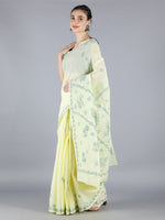 Load image into Gallery viewer, Seva Chikan Hand Embroidered Lemon Dark Green Cotton Lucknowi Saree-SCL6003