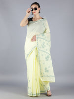 Load image into Gallery viewer, Seva Chikan Hand Embroidered Lemon Dark Green Cotton Lucknowi Saree-SCL6003