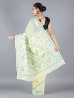 Load image into Gallery viewer, Seva Chikan Hand Embroidered Lemon Dark Green Cotton Lucknowi Saree-SCL6003