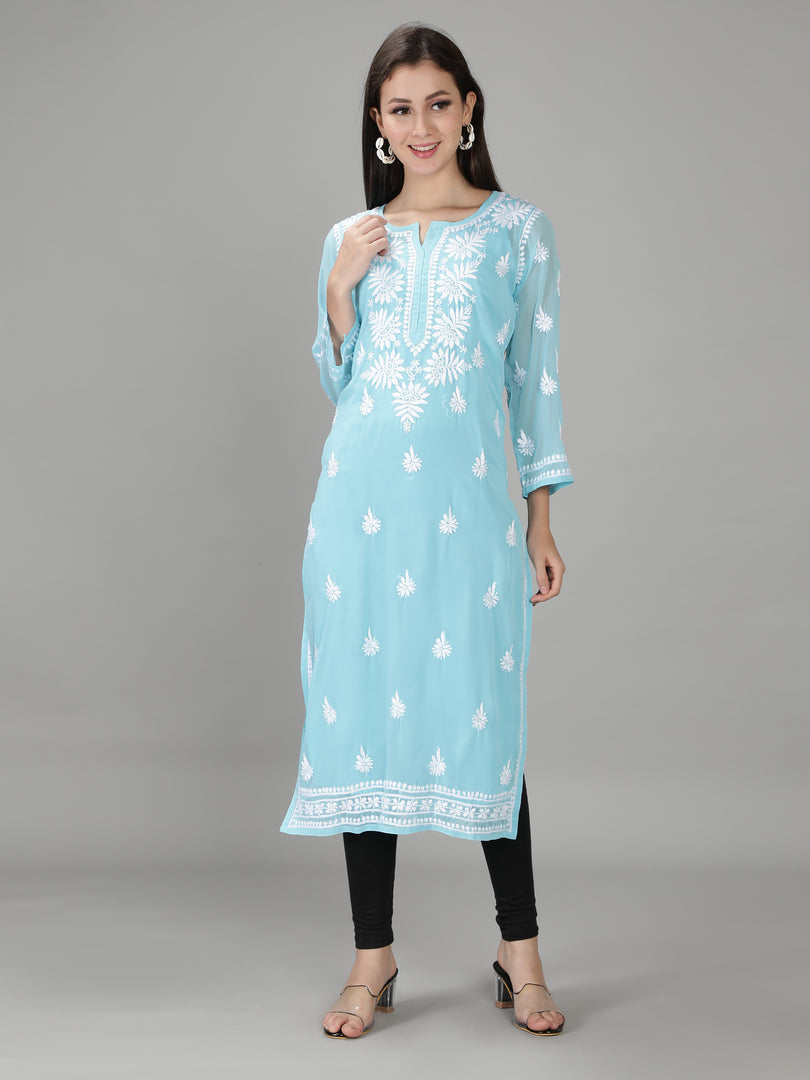 Seva Chikan Hand Embroidered Georgette Lucknowi Chikan Kurti With Slip