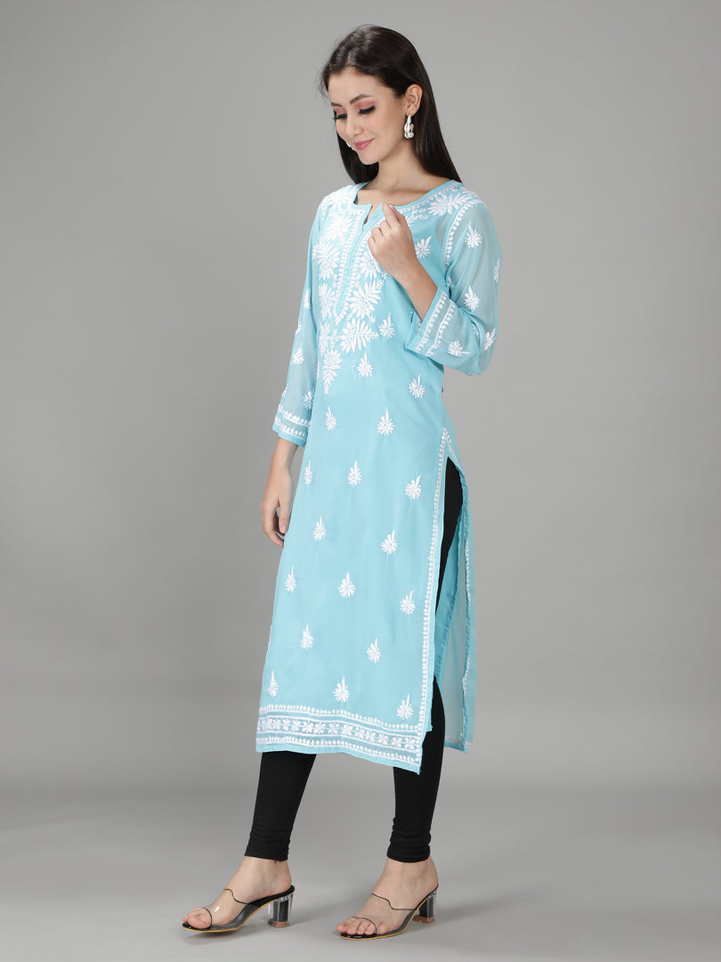 Seva Chikan Hand Embroidered Georgette Lucknowi Chikan Kurti With Slip