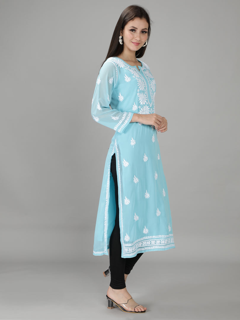 Seva Chikan Hand Embroidered Georgette Lucknowi Chikan Kurti With Slip