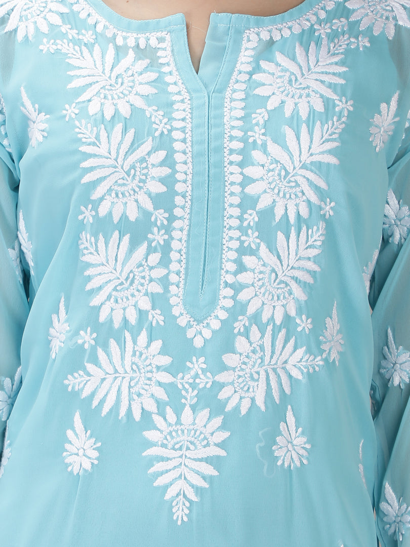 Seva Chikan Hand Embroidered Georgette Lucknowi Chikan Kurti With Slip