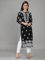 Load image into Gallery viewer, Seva Chikan Hand Embroidered Black Georgette Kurta with Trouser-SCL8015
