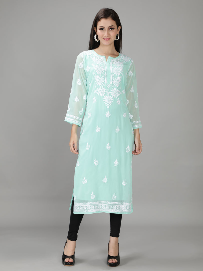 Seva Chikan Hand Embroidered Georgette Lucknowi Chikan Kurti With Slip