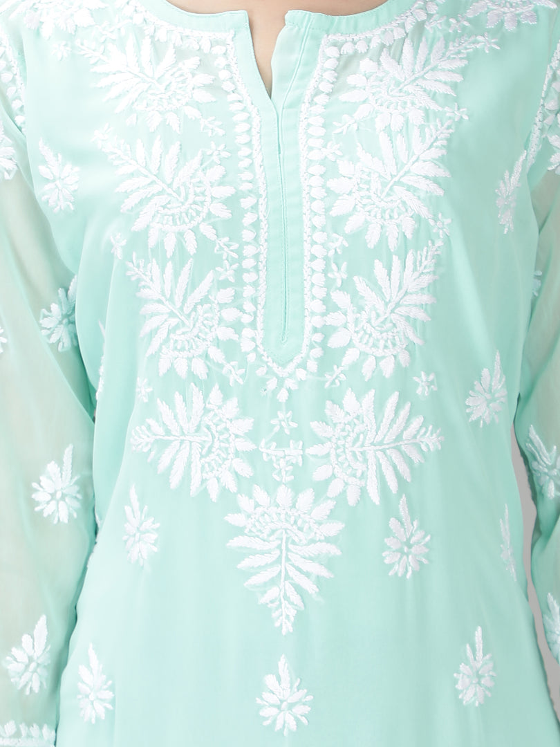 Seva Chikan Hand Embroidered Georgette Lucknowi Chikan Kurti With Slip