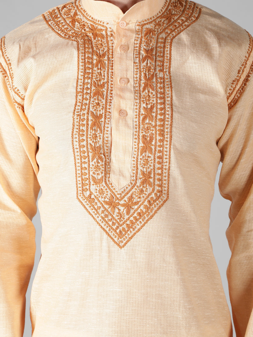 Seva Chikan Hand Embroidered  Cotton Lucknowi Chikan Mens Stitched Kurta