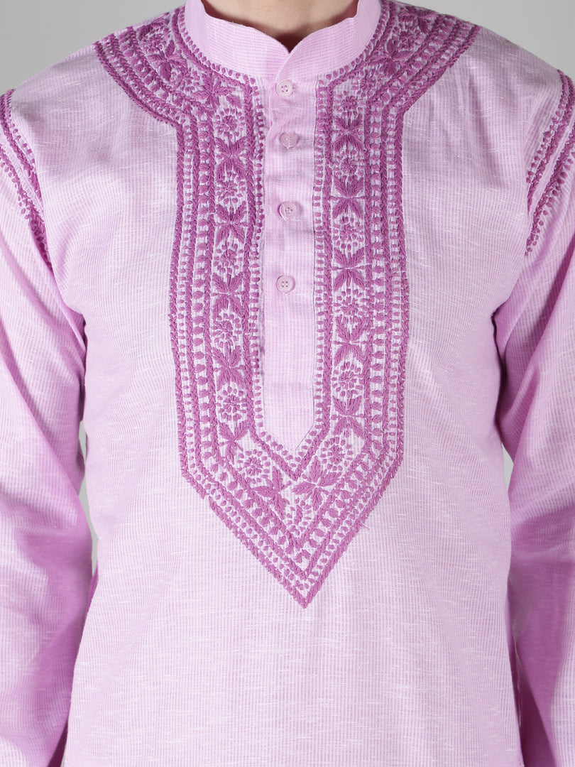 Seva Chikan Hand Embroidered  Cotton Lucknowi Chikan Mens Stitched Kurta