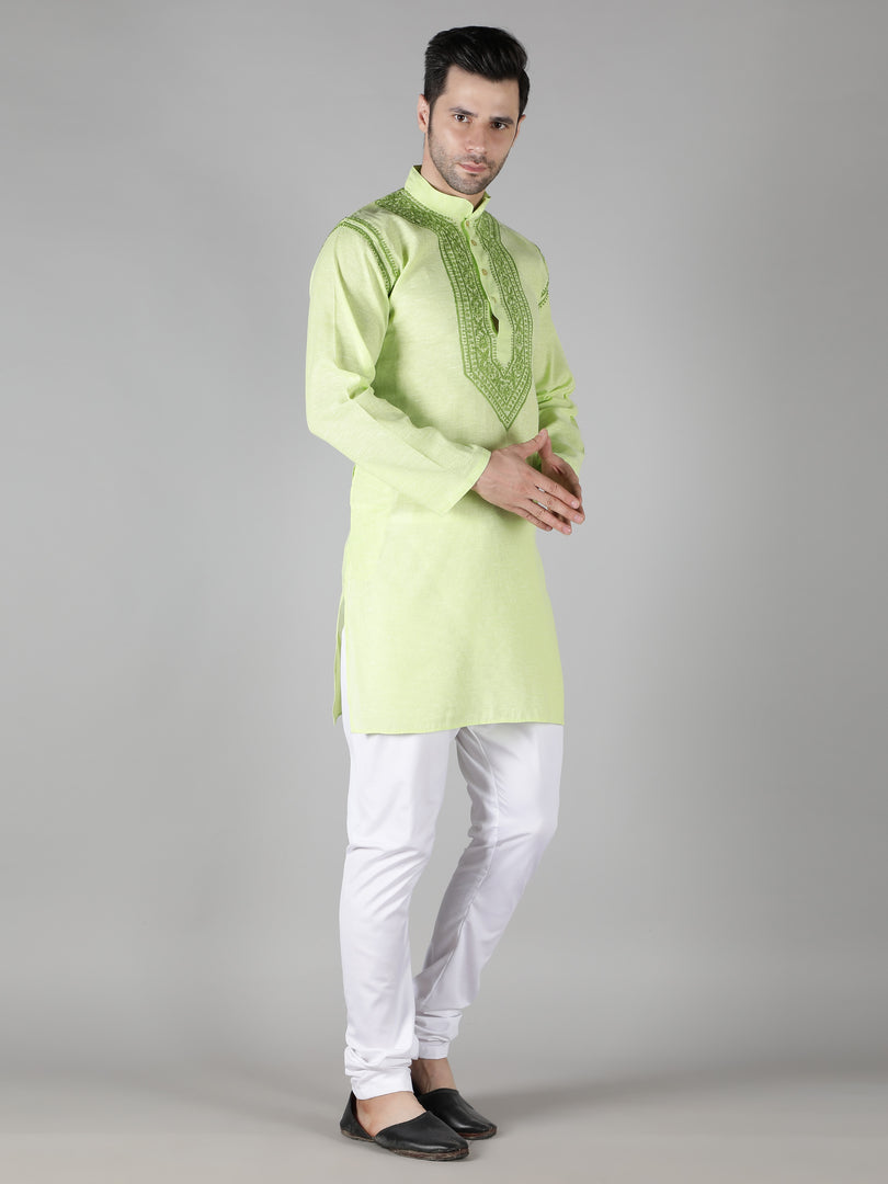 Seva Chikan Hand Embroidered  Cotton Lucknowi Chikan Mens Stitched Kurta