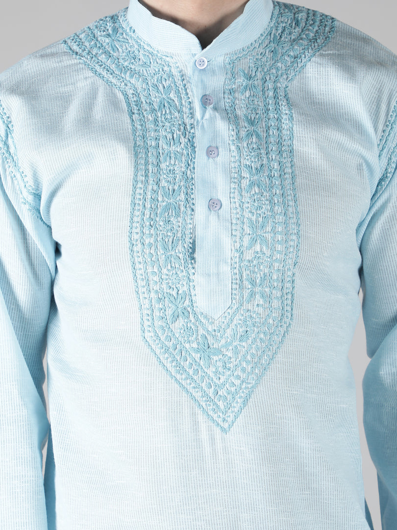 Seva Chikan Hand Embroidered  Cotton Lucknowi Chikan Mens Stitched Kurta