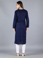Load image into Gallery viewer, Seva Chikan Hand Embroidered Navy Blue Cotton Kurta With Pant-SCL8021