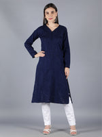 Load image into Gallery viewer, Seva Chikan Hand Embroidered Navy Blue Cotton Kurta With Pant-SCL8021