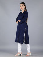 Load image into Gallery viewer, Seva Chikan Hand Embroidered Navy Blue Cotton Kurta With Pant-SCL8021
