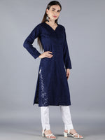 Load image into Gallery viewer, Seva Chikan Hand Embroidered Navy Blue Cotton Kurta With Pant-SCL8021