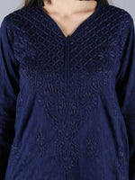 Load image into Gallery viewer, Seva Chikan Hand Embroidered Navy Blue Cotton Kurta With Pant-SCL8021
