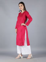 Load image into Gallery viewer, Seva Chikan Hand Embroidered Magenta Cotton Kurta With Palazoo-SCL8020