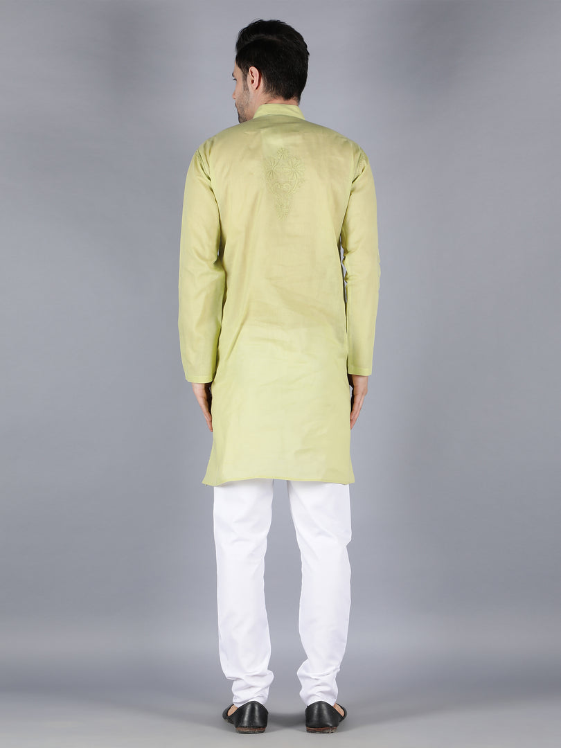 Seva Chikan Hand Embroidered  Cotton Lucknowi Chikan Mens Stitched Kurta