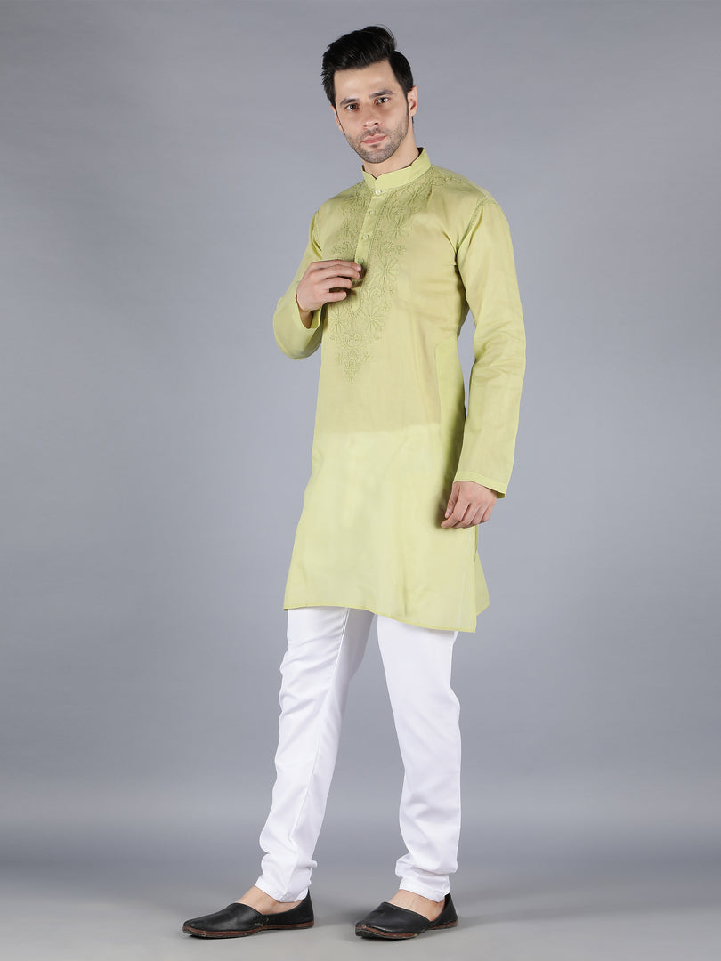 Seva Chikan Hand Embroidered  Cotton Lucknowi Chikan Mens Stitched Kurta