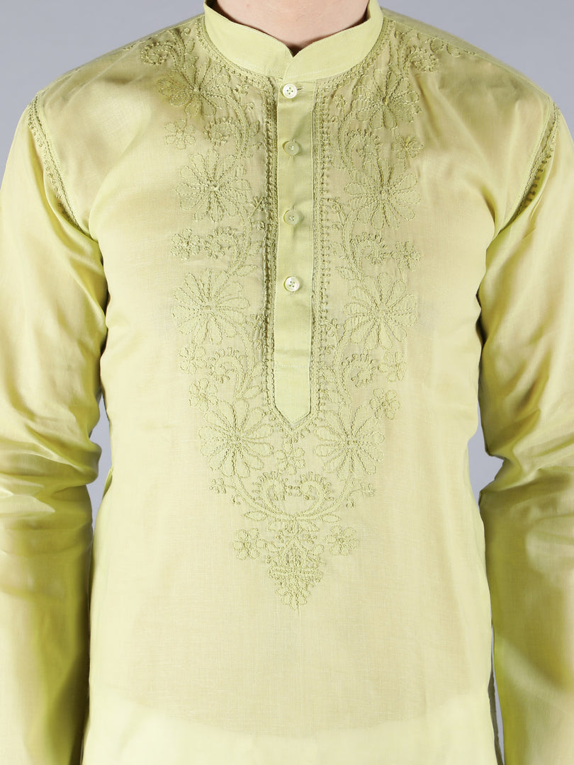 Seva Chikan Hand Embroidered  Cotton Lucknowi Chikan Mens Stitched Kurta
