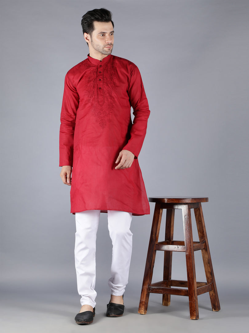 Seva Chikan Hand Embroidered  Cotton Lucknowi Chikan Mens Stitched Kurta