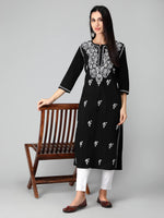 Load image into Gallery viewer, Seva Chikan Hand Embroidered Black Cotton Lucknowi Chikankari Kurta